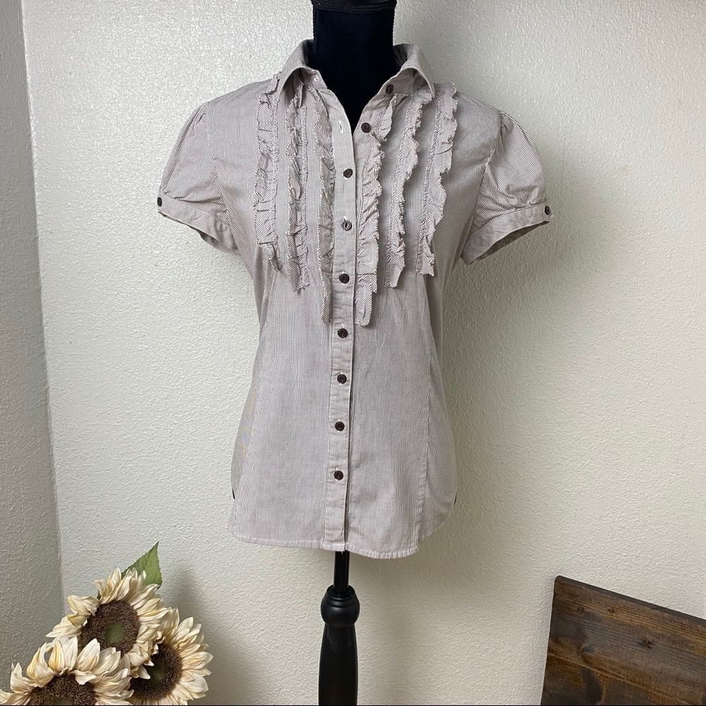 Gray Pinstripe Button-Down Ruffle Detail